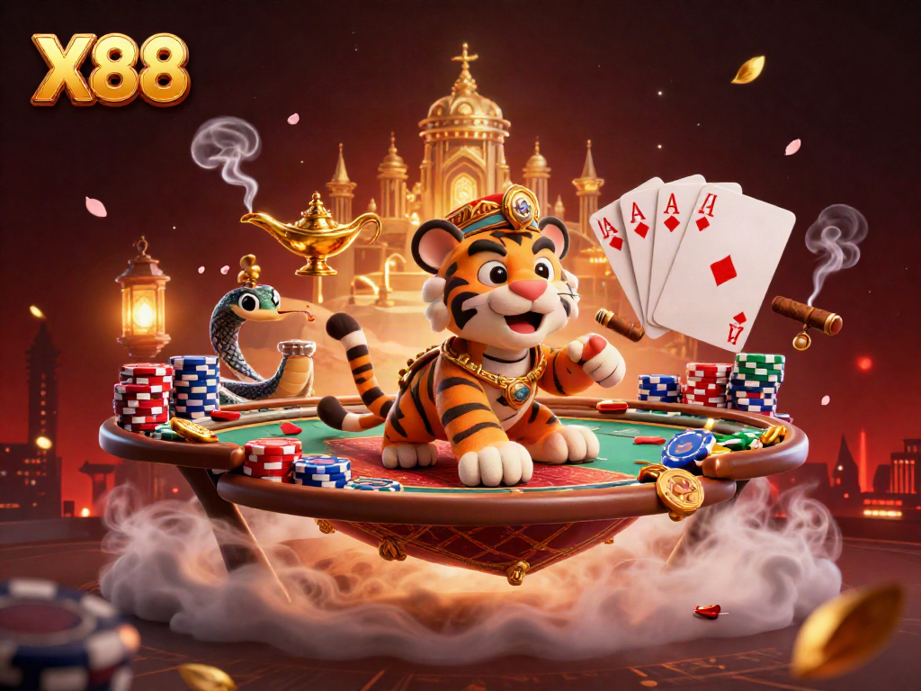 Engage in thrilling casino adventures with X88's vibrant tiger sultan illustrated in an exciting gaming scene.