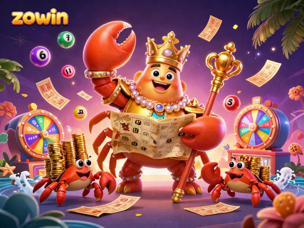 Zowin's vibrant gambling scene with a golden crab emperor amidst dynamic lottery elements and prizes.
