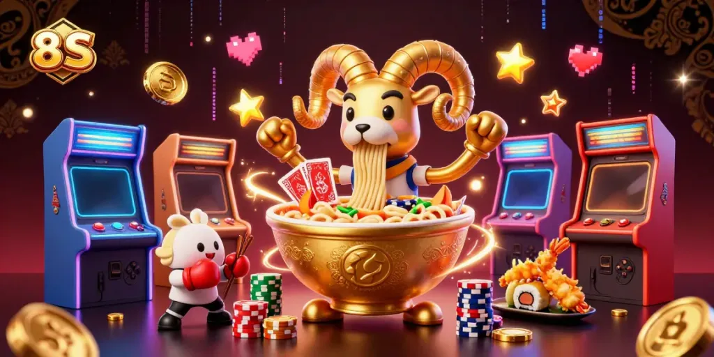 Engage with 8S by playing exciting games in a vibrant casino scene featuring animated characters.