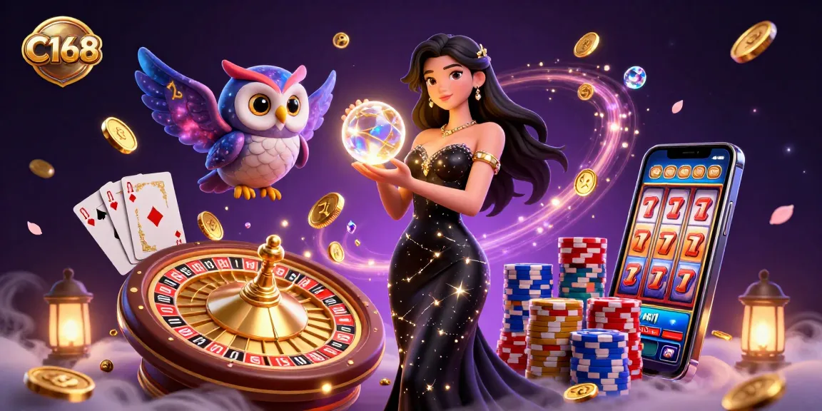 C168 casino illustration showcasing a woman in a black gown with a glowing crystal ball and a mystical owl under a stunning backdrop.