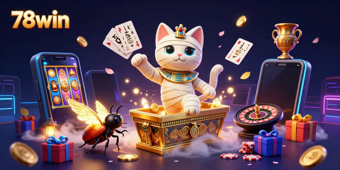 Engage with 78win's vibrant casino scene featuring a mummy cat, slot games, and exciting elements.