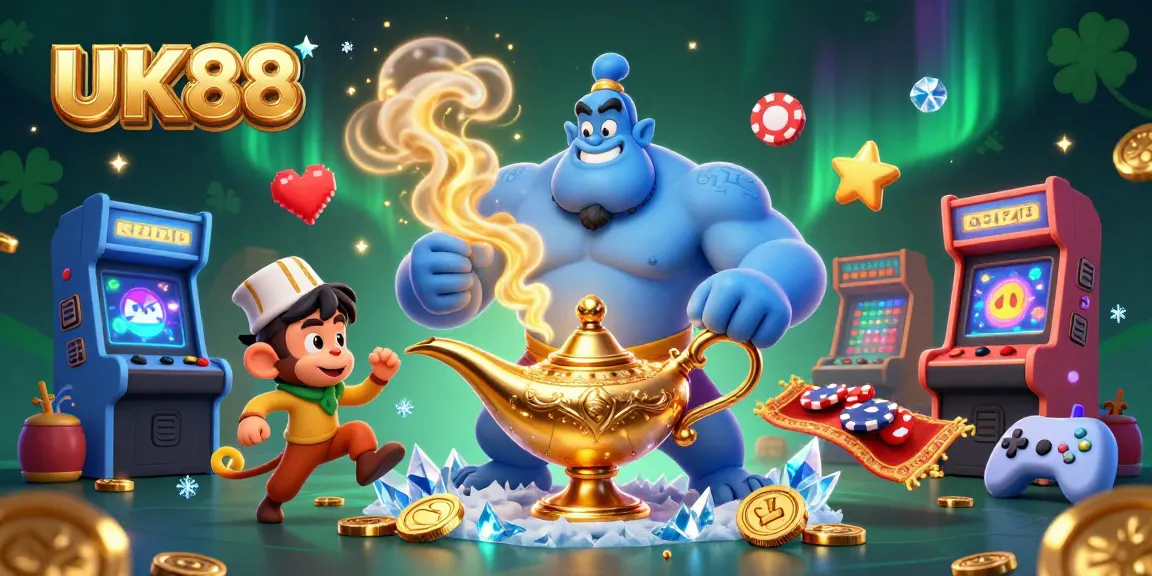 Engage with the thrilling atmosphere of UK88 as a genie appears from a lamp amidst a vibrant casino scene.
