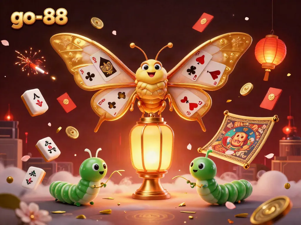 Experience vivid casino adventures with go-88 showcasing a golden moth and dynamic elements.