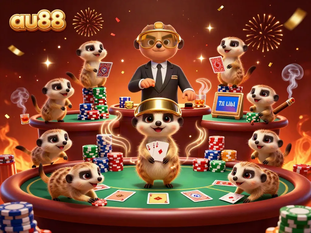 Experience thrilling moments at au88's lively casino with meerkats managing games and chips.