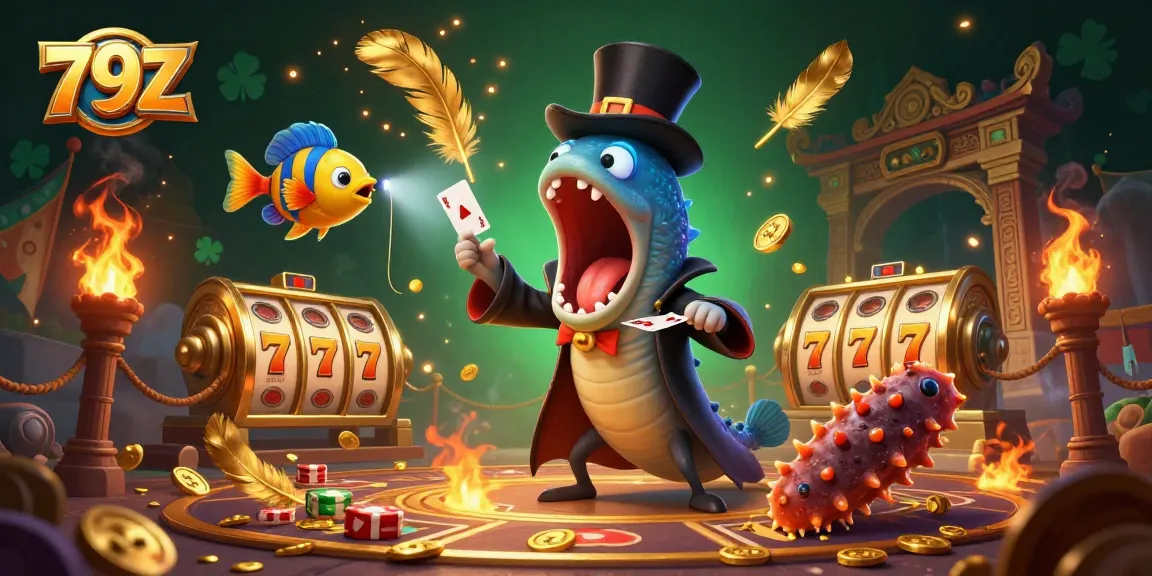 Experience thrilling card magic with the bioluminescent gulper eel and its companions in vibrant 79Z casino illustration.