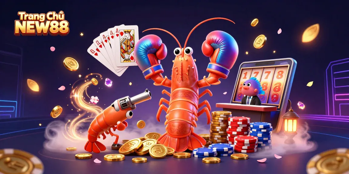 Engage with Trang Chủ NEW88 as vibrant slot machines and playing cards captivate the aquarium's audience.