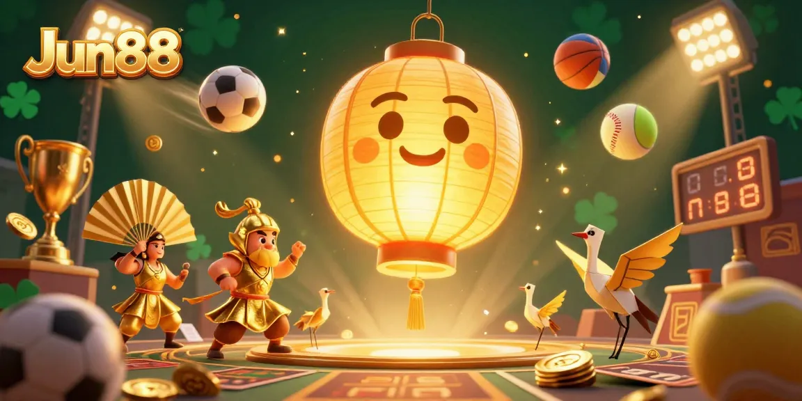 Engage in thrilling action with Jun88's dynamic casino atmosphere featuring golden lantern spirits and sports elements.