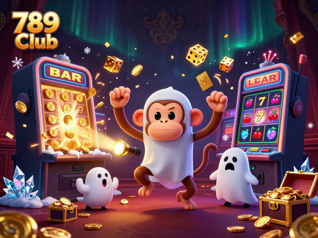 Engage with the magical 789 Club casino adventure featuring a playful monkey and a curious puppy.