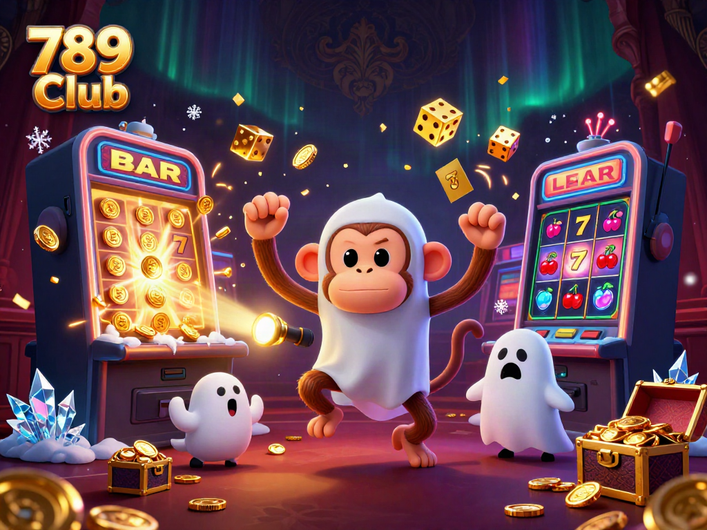 Engage with the magical 789 Club casino adventure featuring a playful monkey and a curious puppy.