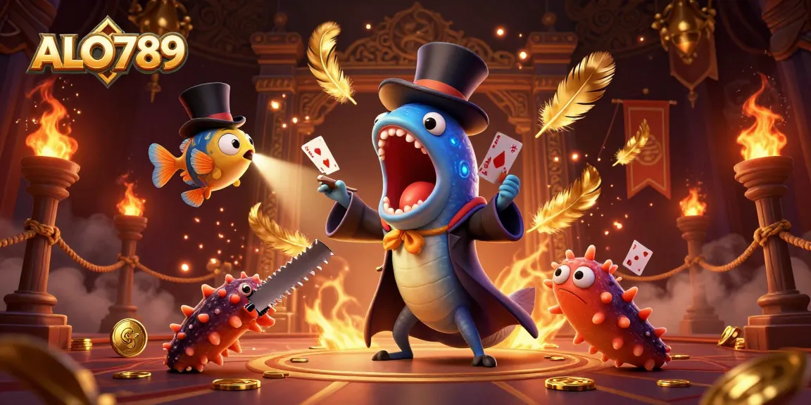 Experience ALO789's vibrant magic with a bioluminescent eel and anglerfish in a gambling scene.