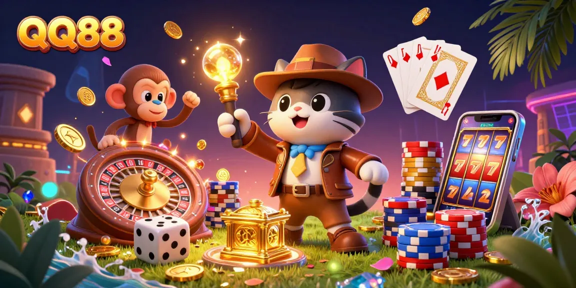 Gameplay at QQ88 with a cartoon archaeologist cat discovering casino treasures amidst vibrant casino elements.