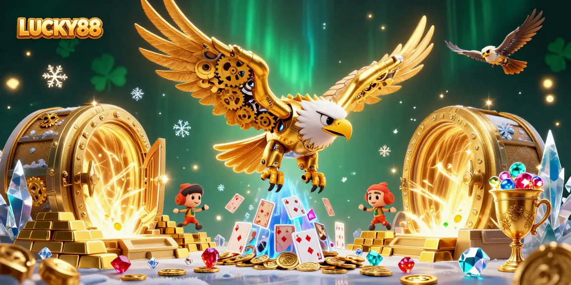 LUCKY88 showcases a cybernetic eagle diving through holographic cards in a vibrant casino scene.