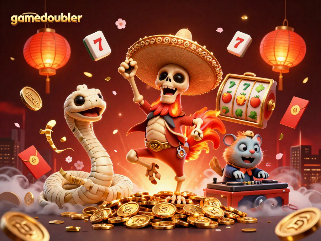 Experience gamedoubler's vibrant casino scene featuring lively characters and slot elements.