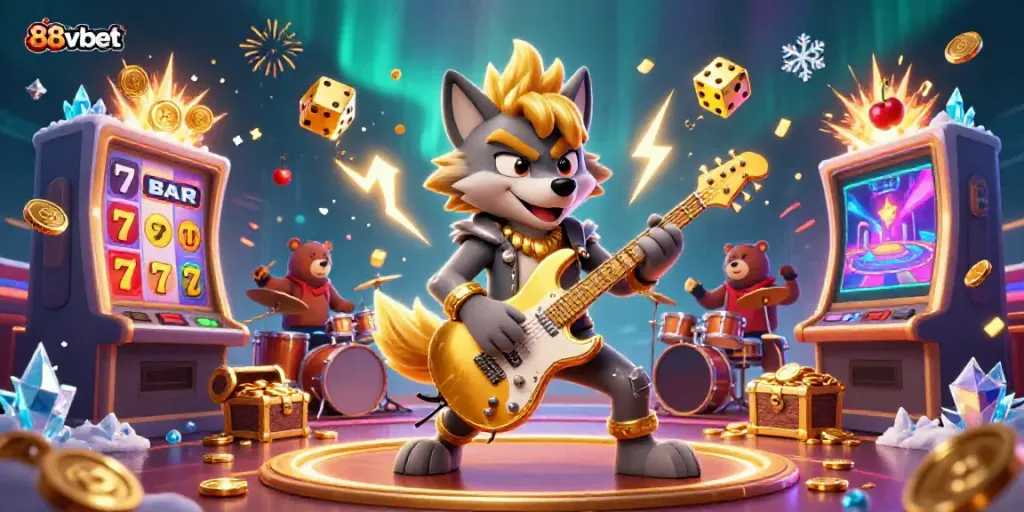 Engage with 88vbet in a lively casino scene featuring a rock star wolf and a drummer bear amidst exciting game elements.