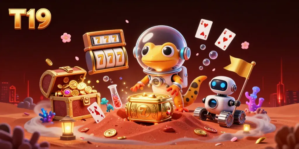 T19 casino scene with a Martian gecko discovering a jackpot treasure underground.