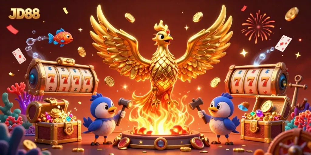 Experience the thrill of JD88 with a golden phoenix amidst casino action and rich gaming elements.