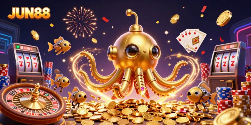 Engage with the thrilling world of JUN88 through this vibrant 3D scene showcasing dynamic casino elements.