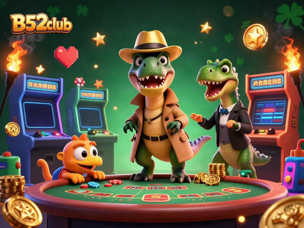 Experience exciting gameplay at B52club with a cartoon velociraptor card counter at the blackjack table.