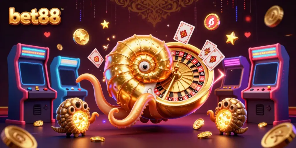 Experience the excitement of bet88 with vibrant casino-themed 3D illustration showcasing games and dynamic elements.