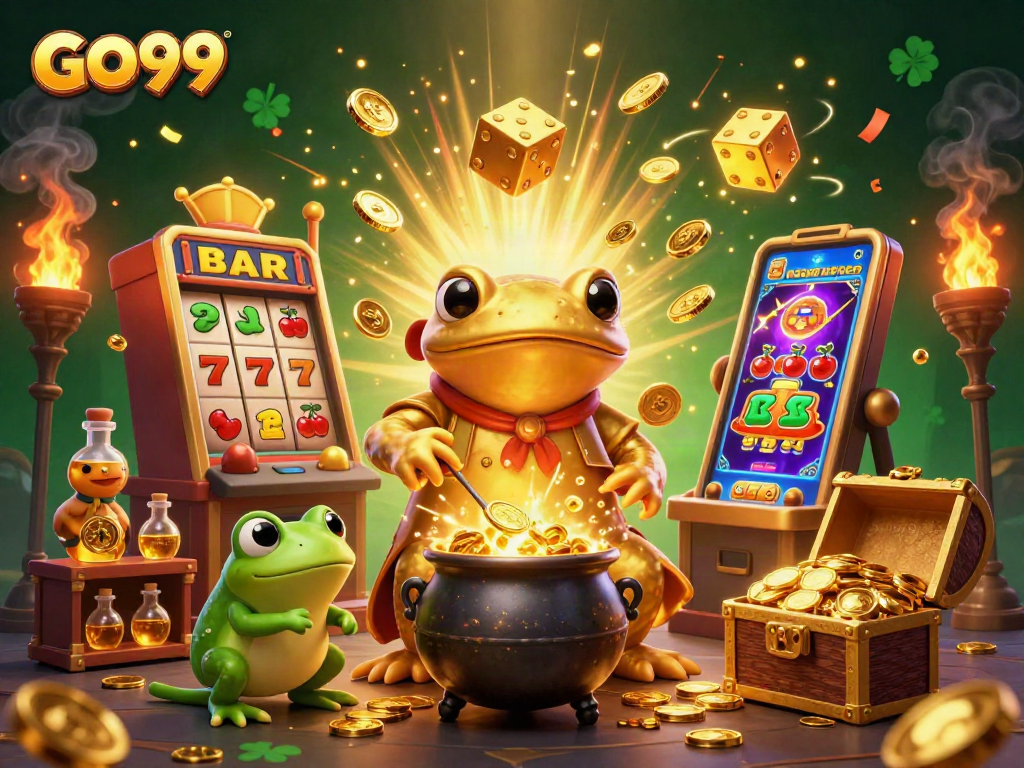 Experience thrilling wins at GO99 with a golden salamander alchemist transforming coins in an enchanting scene.