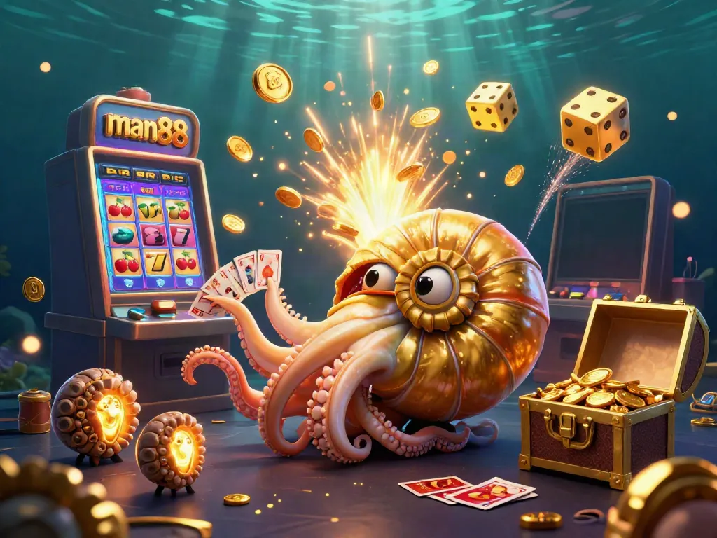 Experience the excitement of man88 online gaming with a vibrant 3D illustration of a nautilus-shaped roulette wheel and more.