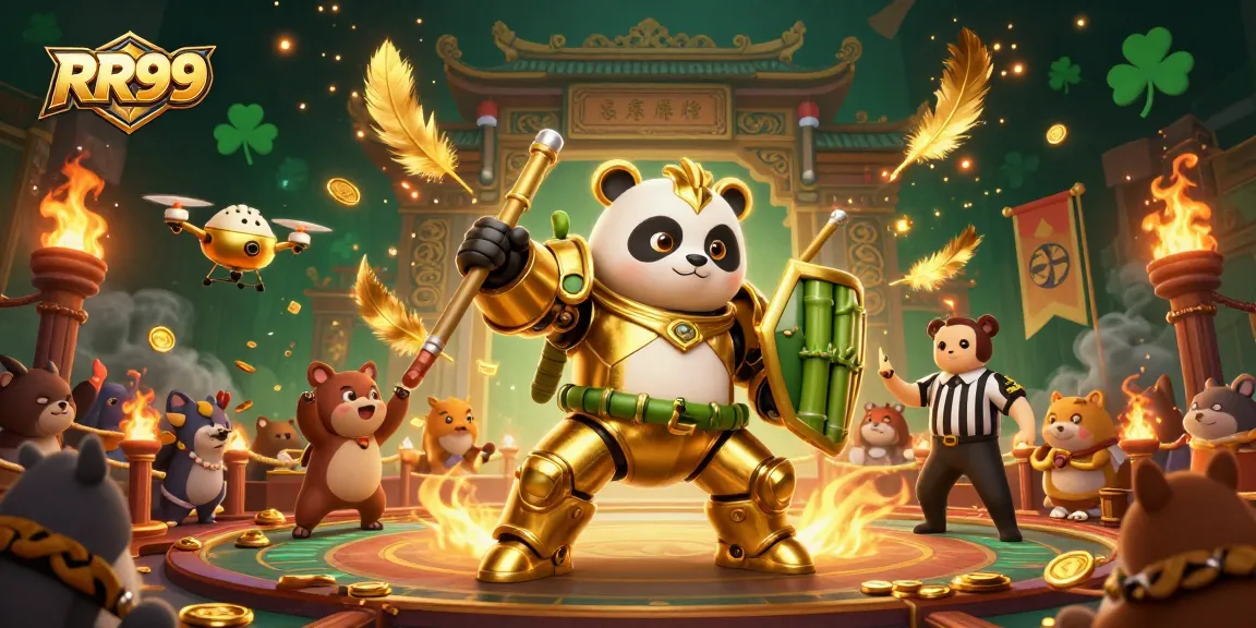 Experience the excitement of RR99 in a vibrant casino arena with a golden panda and spectacular game elements.