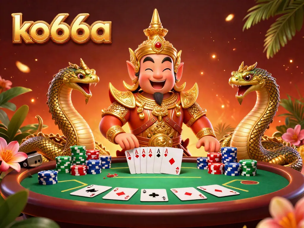 Experience the thrill of poker at ko66a with colorful chips and a welcoming guardian character.