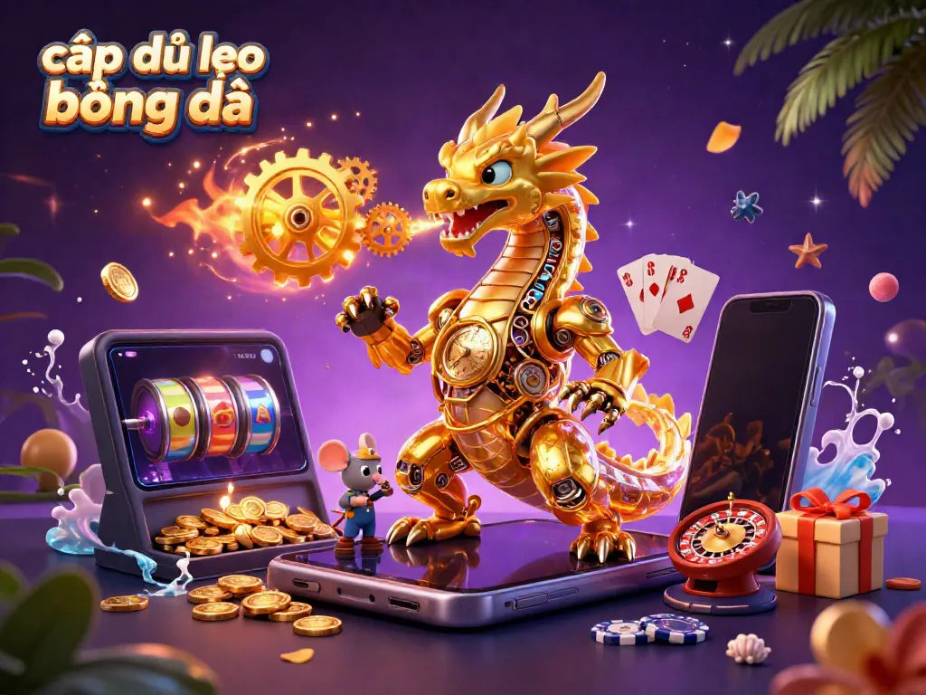 Cập nhật kèo bóng đá featuring a golden dragon and a mouse engineer in a vibrant 3D casino scene.