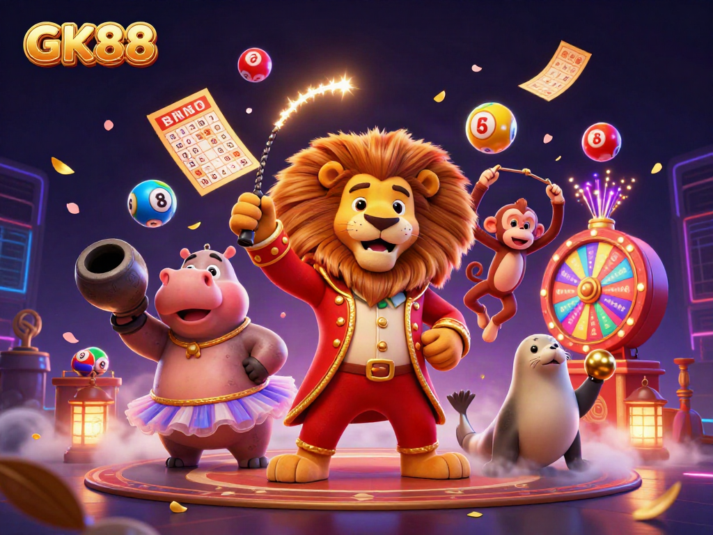 Engage with GK88 in a vibrant and dynamic casino-themed 3D illustration featuring colorful lottery elements.