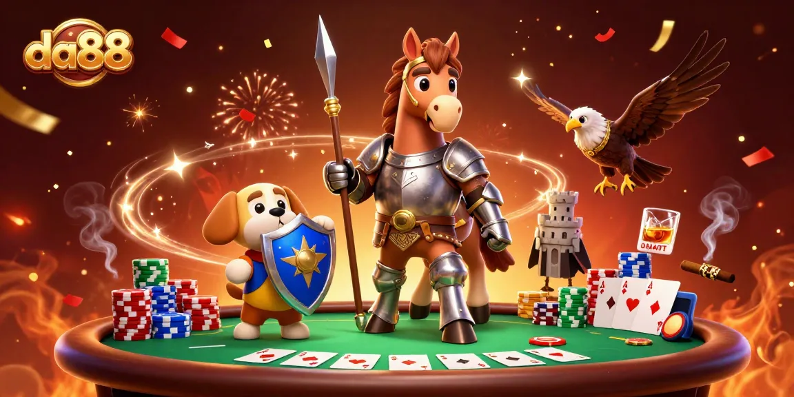Engage in thrilling da88 betting action at a vibrant poker table with dynamic characters.
