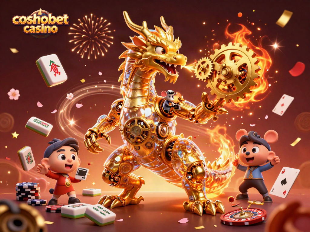 Experience the thrill of cosmobet casino with a vibrant 3D illustration showcasing a golden dragon amidst casino elements.