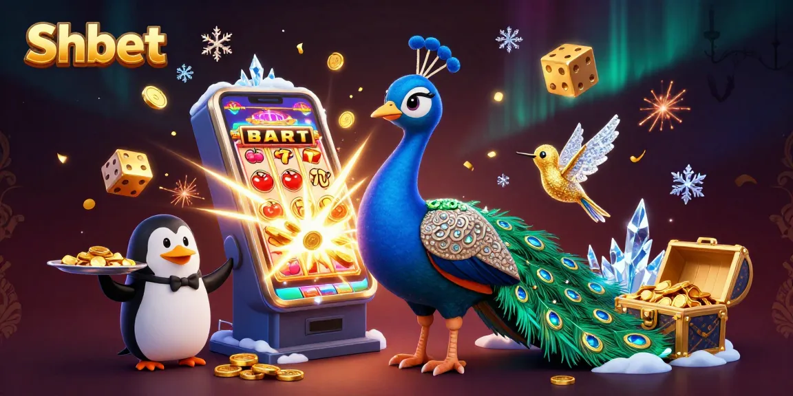 Join the exciting world of Shbet with a vibrant scene featuring a peacock, a butler penguin, and treasure!