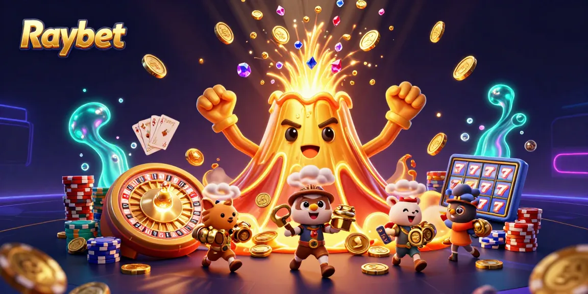 Experience thrilling wins at Raybet with a golden volcano erupting treasures and dynamic casino elements.