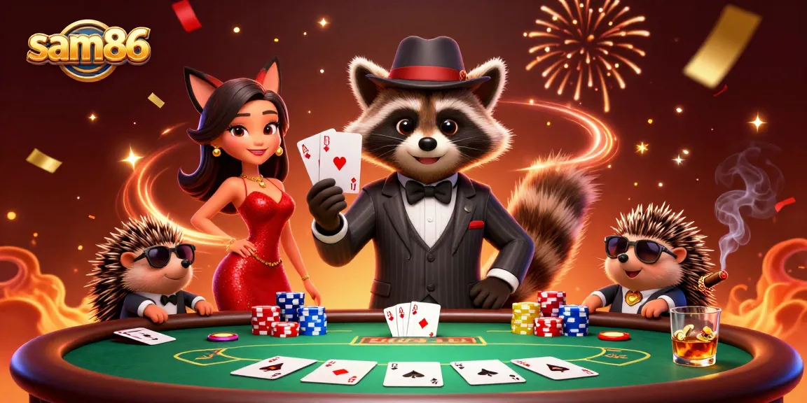 Experience thrilling gameplay at sam86 with a suave raccoon dealer, charming fox, and hedgehog bouncer!