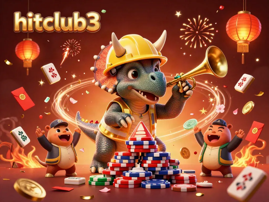 Engage with hitclub3 as cartoon characters celebrate building poker chip pyramids with festive elements.