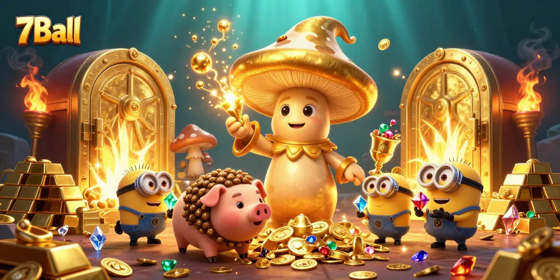Play 7Ball with a golden mushroom wizard and treasure in a vibrant casino scene.