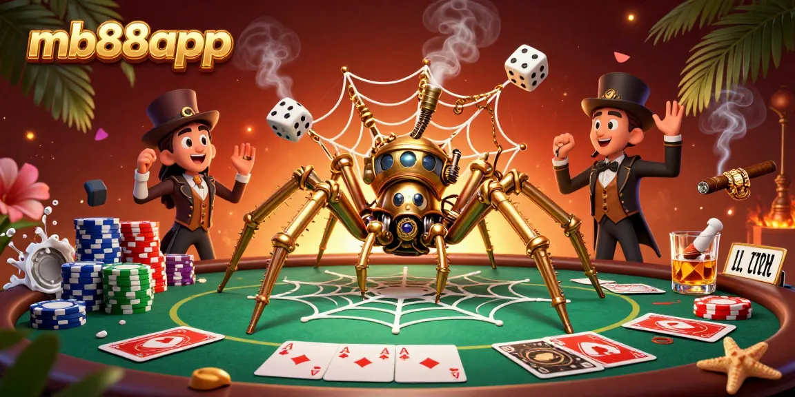Engage in exciting gameplay with mb88app's vibrant 3D illustration of a steampunk spider and poker elements.