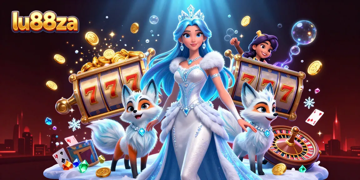 Experience winning thrills with lu88za in this vibrant casino-themed illustration filled with slot reels.