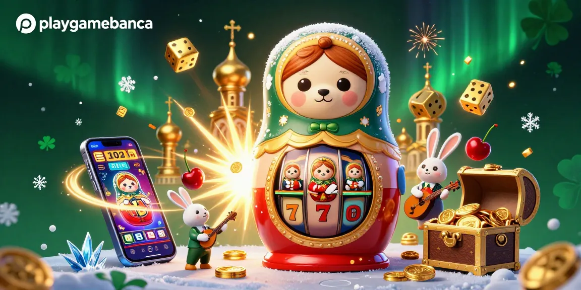 Experience excitement with playgamebanca's vibrant casino-themed 3D illustration showcasing slot wins and colorful characters.