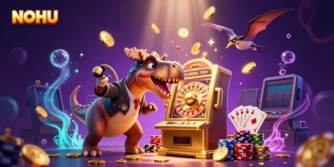 NOHU features a pachycephalosaurus hitting a jackpot slot machine amidst flying coins in a vibrant casino atmosphere.