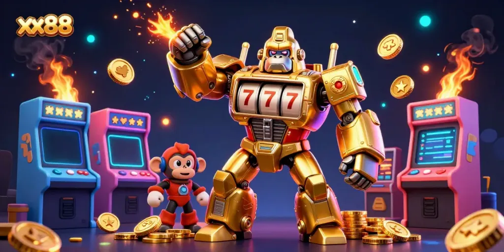 Engage with an exciting xx88 gaming scene featuring a golden gorilla mech and vibrant casino elements.