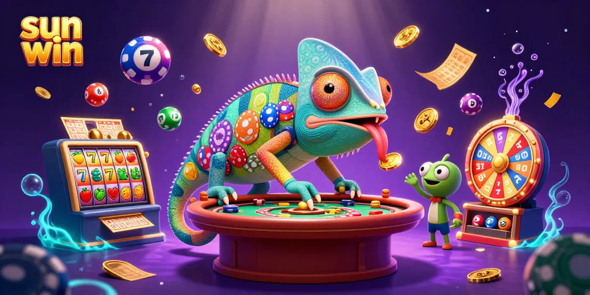 Experience the excitement of sun win with vibrant casino elements and a dynamic chameleon character.