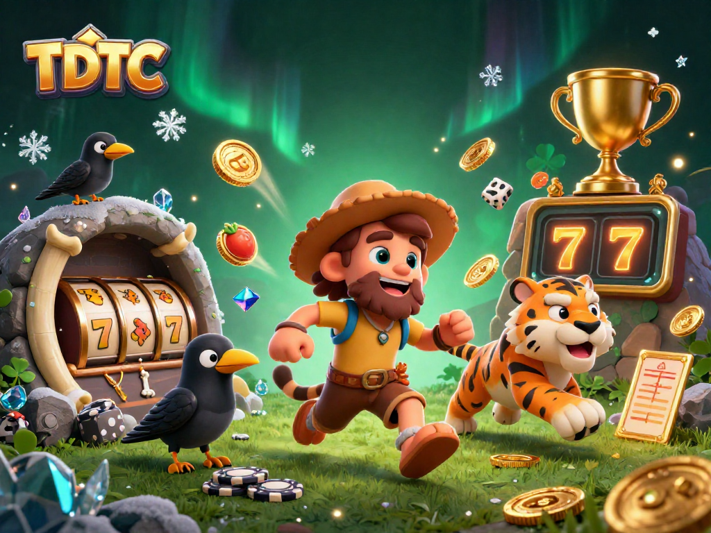 Engage with TDTC in this spectacular 3D illustration of a prehistoric casino featuring vibrant slot reels and a thrilling atmosphere.