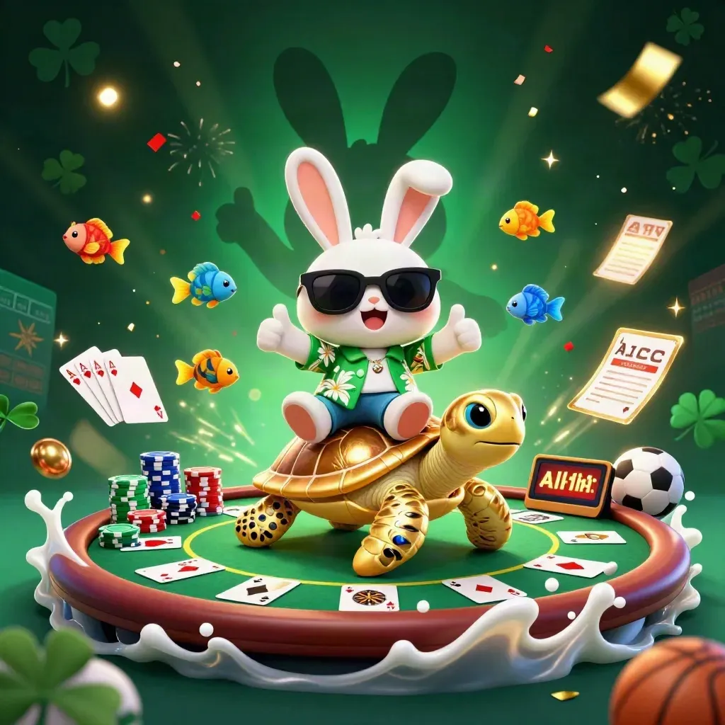Rabbit on golden turtle amid poker chips, cards, confetti, fireworks, neon casino glow.