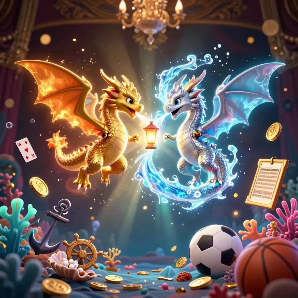 Gold and silver dragons spiral around treasure, coral, and betting icons in a dark neon fantasy scene.