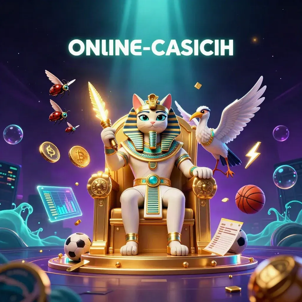 Egyptian cat pharaoh on golden throne with ibis scribe, scarabs, coins, lightning, and glowing sports icons