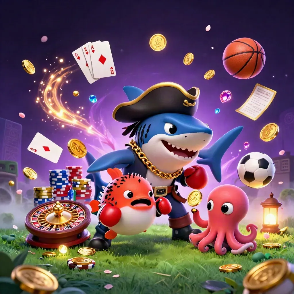 Pirate shark, pufferfish, and baby octopus amid flying coins, sports balls, and casino sparks.