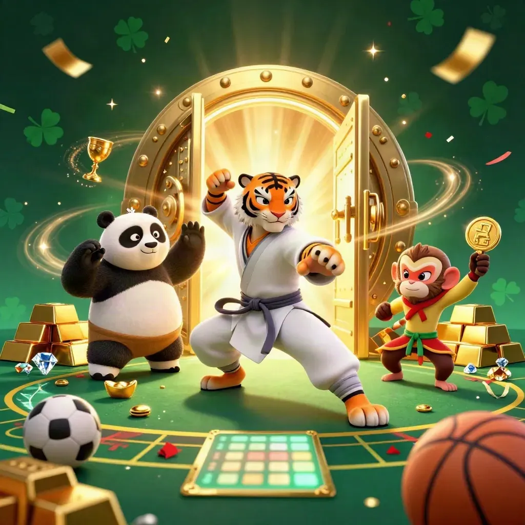 Tiger, panda and monkey burst from a vault amid gold, sparkles and casino props.
