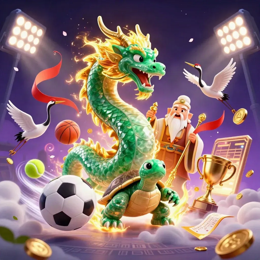 Emerald dragon, turtle sage and cranes amid flying balls, gold fire and casino lights on a dark cosmic field.