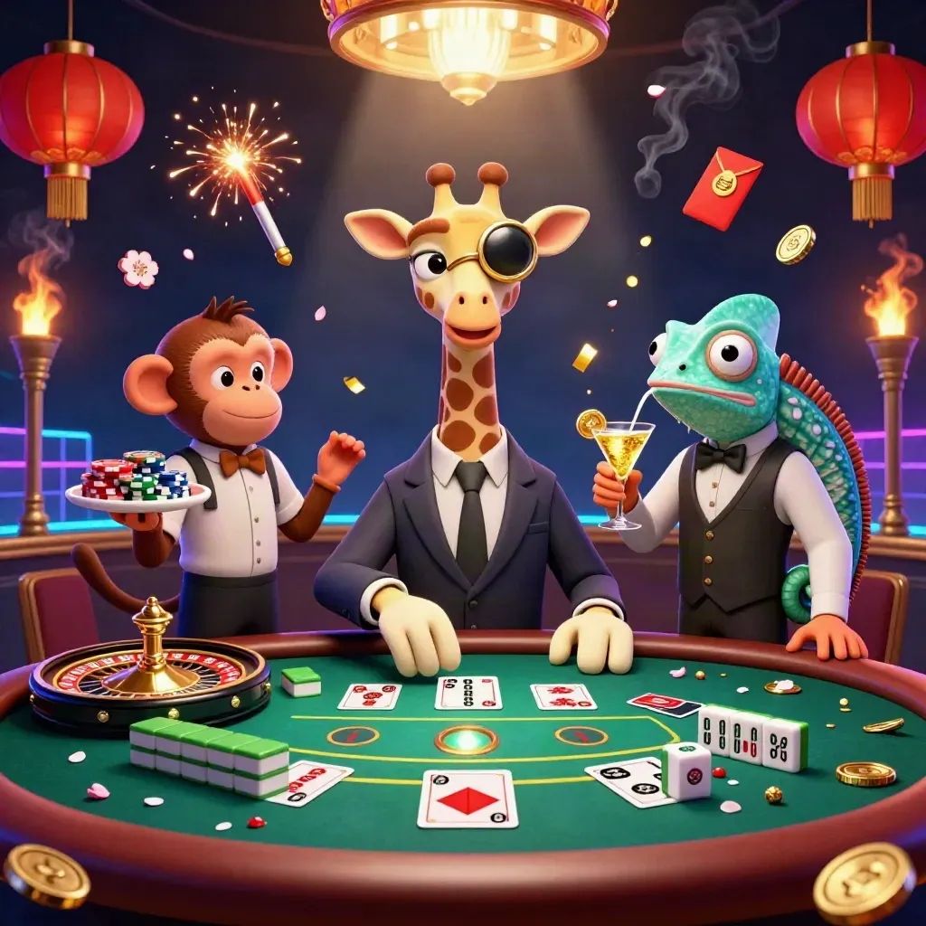 Giraffe high roller, monkey valet, chameleon bartender in a neon casino with jade coins and lanterns